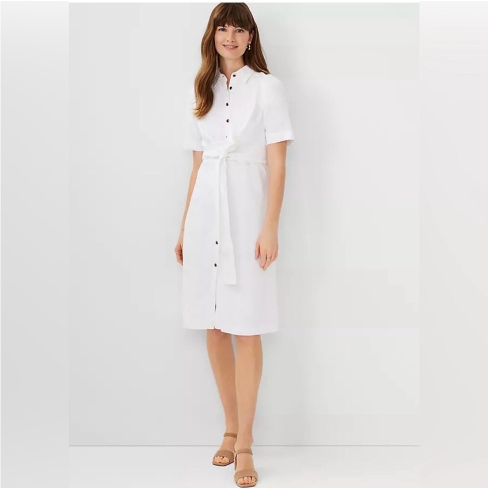 ANN TAYLOR White Button-Down Linen Shirt Dress Shirtdress